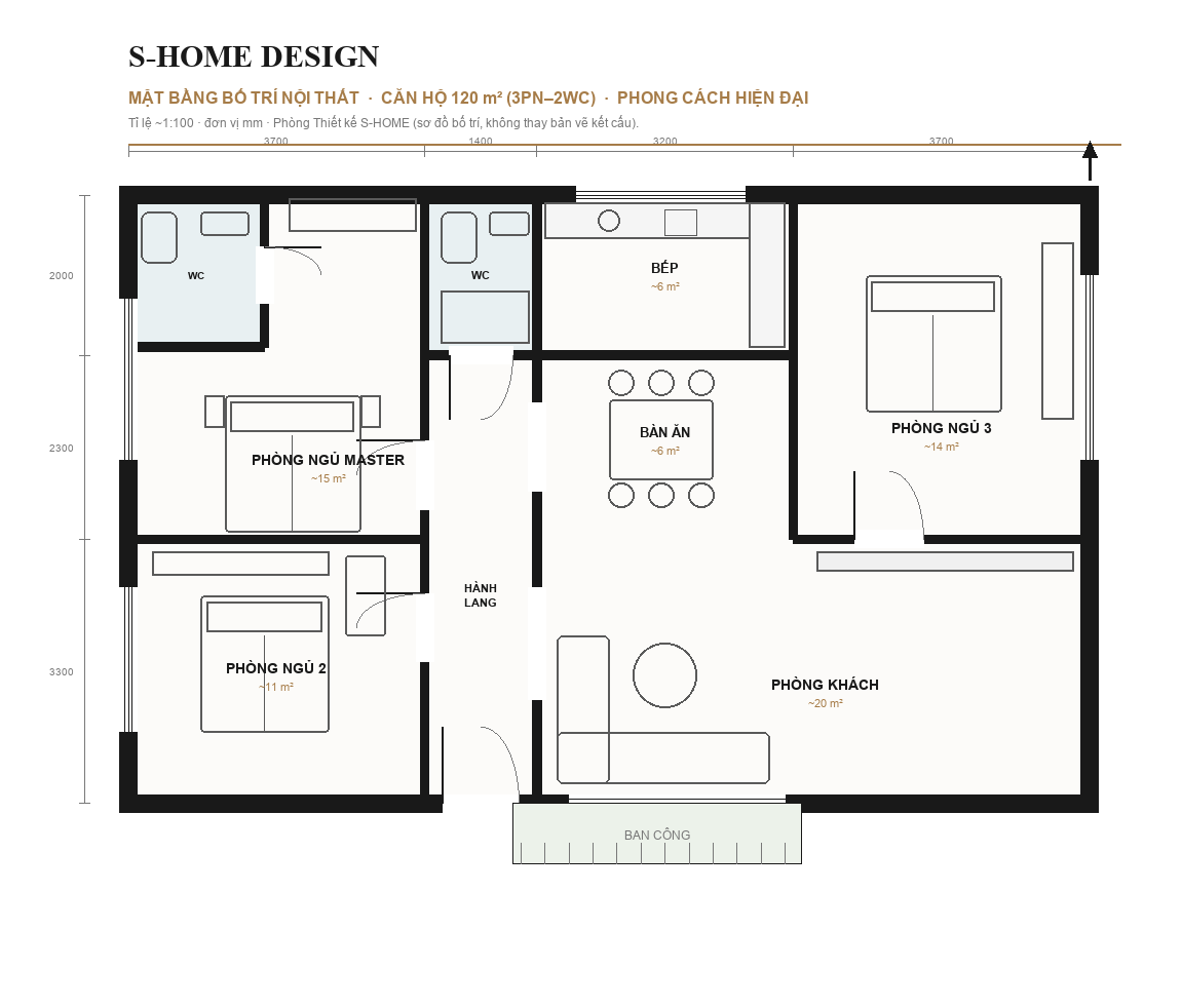 Mặt bằng bố trí nội thất căn hộ 120m2
