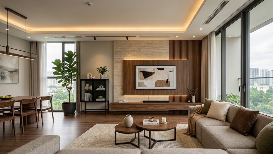 Phối cảnh phòng khách căn hộ 120m² phong cách hiện đại ấm — góc nhìn thứ nhất