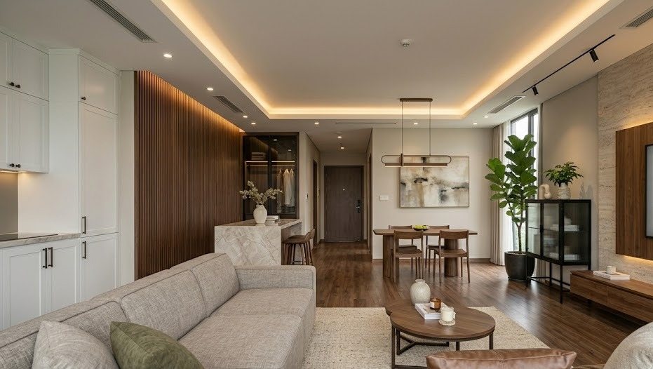 Phối cảnh phòng khách căn hộ 120m² phong cách hiện đại ấm — góc nhìn thứ hai