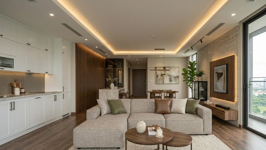 Phối cảnh phòng khách căn hộ 120m² phong cách hiện đại ấm — góc nhìn thứ ba