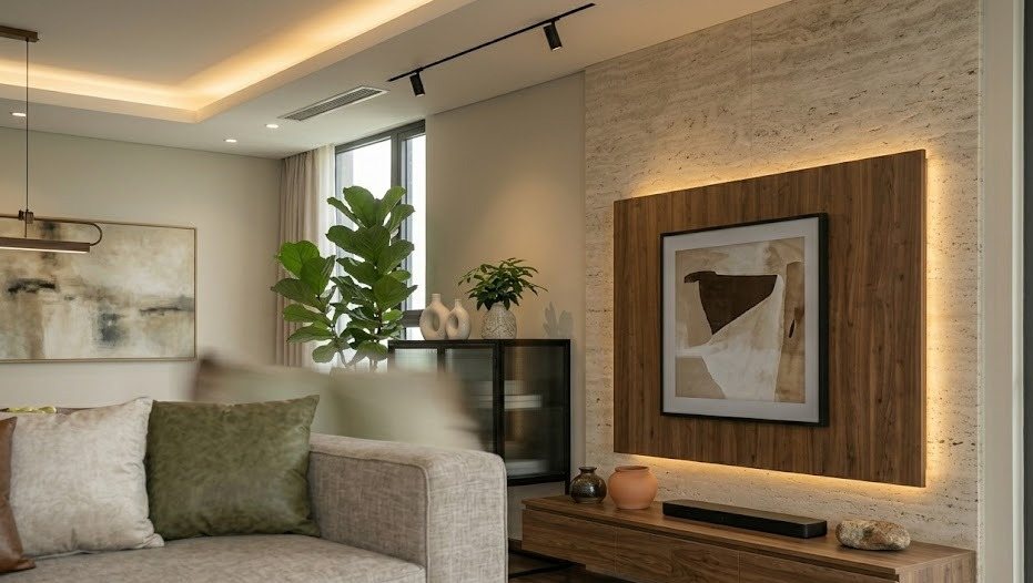 Phối cảnh phòng khách căn hộ 120m² phong cách hiện đại ấm — góc nhìn thứ tư