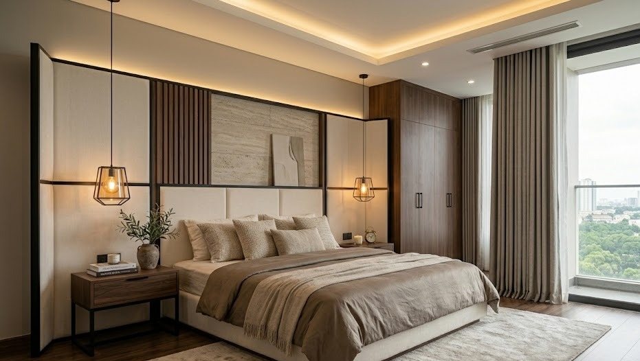 Phối cảnh phòng ngủ master căn hộ 120m² tông gỗ trầm và kem