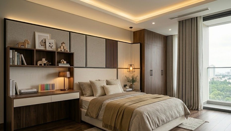 Phối cảnh phòng ngủ con căn hộ 120m² tông gỗ trầm và kem