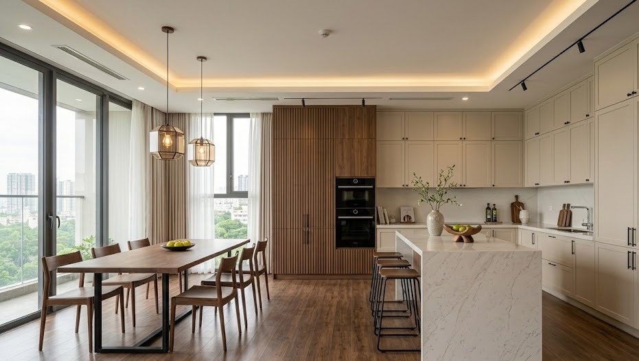 Phối cảnh bếp mở thông phòng ăn căn hộ 120m² phong cách hiện đại ấm