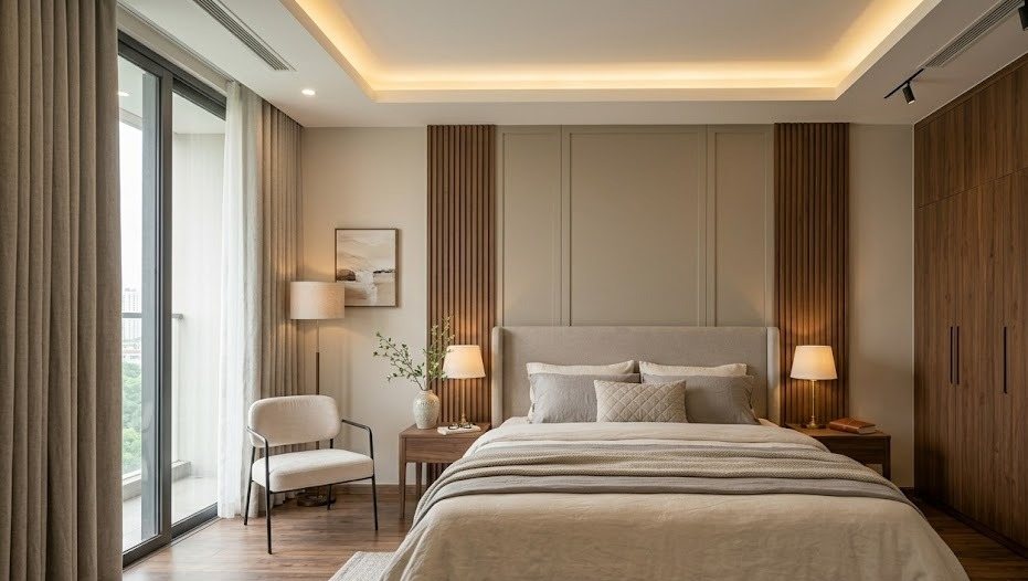 Phối cảnh phòng ngủ thứ 3 căn hộ 120m² tông gỗ trầm và kem