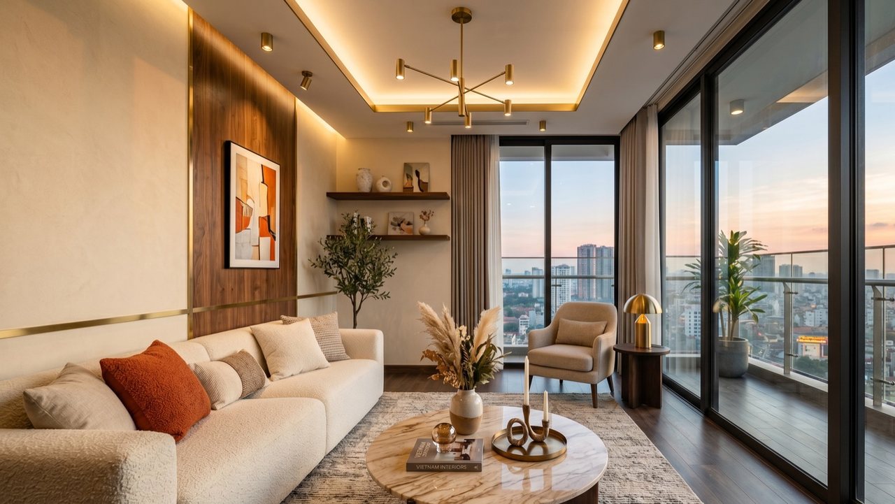 Concept phòng khách hiện đại ấm tông kem và gỗ óc chó — phong cách S-Home thường tư vấn cho căn hộ Geleximco